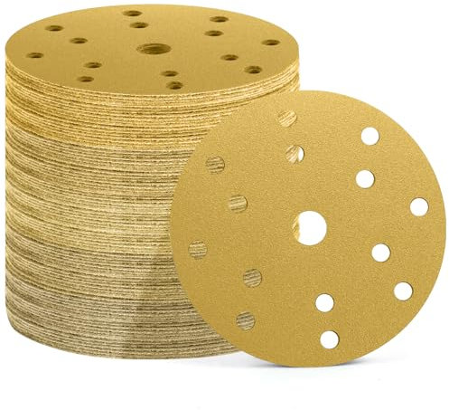 Pfloge® 50 Stück Schleifpapier 150mm Klett, Schleifscheiben 15 Loch, 10 Stück 60/80/120/180/400 Körnung, für Exzenterschleifer, Optimales Schleifen (Gold (P60/P80/P120/P180/P320))