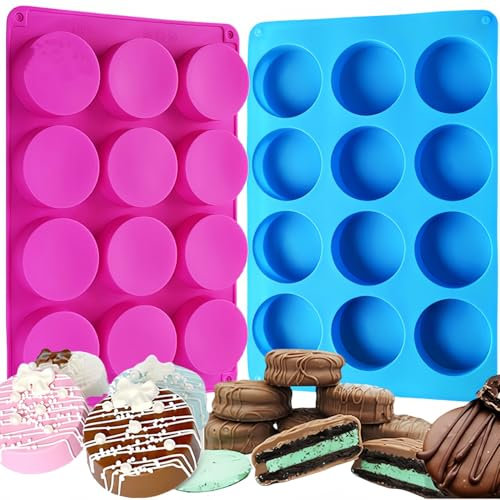 Sweetfamily Oreo Cookie Chocolate Silicone Mold,2 Pack 12-Cavity Round Cylinder Oreo Chocolate Cover Molds for Candy Mini Cakes Jelly Pudding Mini Soap Muffin Baking (Rose + Blue)