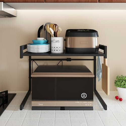 YENTAKE Ausziehbarer Mikrowellenständer mit 4 Haken, 36-57cm Mikrowellen Regal, Stehend Mikrowellenregal für Küche Organizer Mikrowellenhalterung(Schwarz)