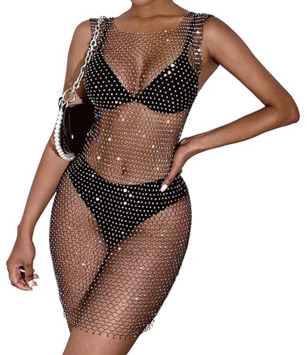 Women Sexy Mesh Tops Long Sleeves Glitter Tank Top Dress Rhinestone Fishnet Club Dress See Through Shirt Crop Top Lingerie Smock Mini Skirt Nightgown for Party Outfits Valentine