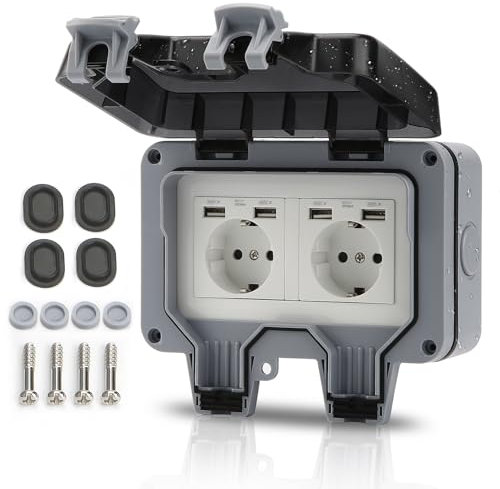 Idota Aussensteckdose IP66 Wasserdicht 2 Fach Steckdose Aussenbereich mit USB-Anschlüsse Wandsteckdose Gartensteckdose mit Klappdeckel für Drinnen und Draußen