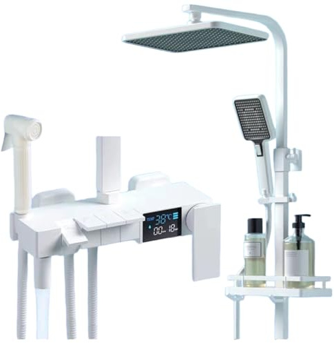 POADGBCN Modern Exposed Piano Key Bathtub Shower Faucet Set with 4 Function Shower System Digital Temperature Display(White)