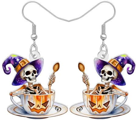 LONYOO Acrylic Coffee Skull Earrings for Women Girls, Halloween Dangle Earrings Costume Jewellery Accessories Spooky Barista Gifts for Coffee Lovers Women
