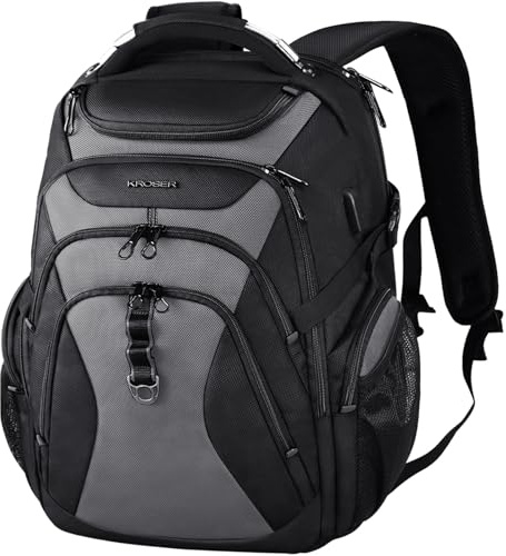 KROSER Laptop Rucksack Herren 18.4 Zoll Reise XXL BusinessRucksack Schwerlast Wasserdicht mit Hartgeschältem Sicherheitsraum Ladeanschluss RFID Tasche für Männer/Frauen-Schwarz Grau
