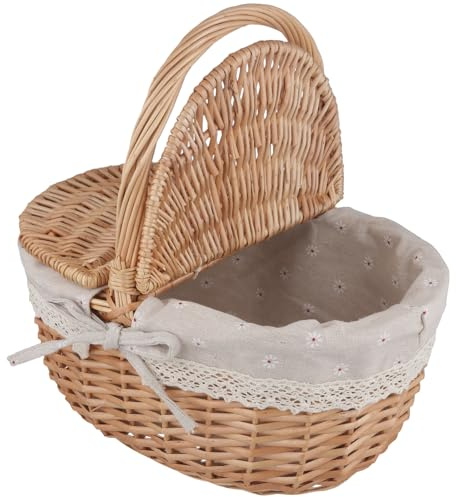CHEUKYIU Handgefertigter Weidenkorb mit Deckel, 34 x 23 x 17cm Natürliche Braune Einkaufskorb Geflochten mit Spitzenbesatz und Griff, Picnic Basket für Einkaufspicknick
