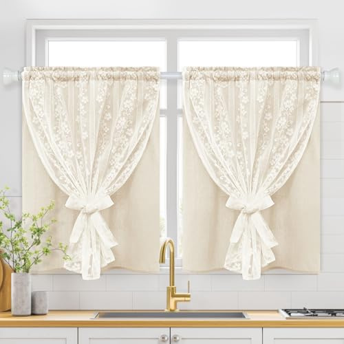 Alishomtll Scheibengardinen 2er Set Beige, Modern Kurz Bistrogardine, Doppellagig Küchengardinen mit Leinen und Spitze, Landhausstil Fenstergardinen, Kurzgardine für Küche Fenster Wohnzimmer 65Bx90Hcm