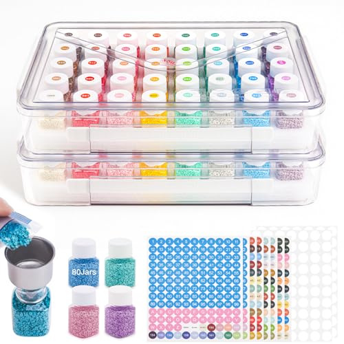 MOLEDINO 80-Slot Diamond Art Storage Box with Bead Bottles & Funnel, 2 Set | Portable Painting Organiser, Clear PET Containers, Secure Screw Lids, Foam Base, DMC & Blank Labels, Ideal for Rhinestones
