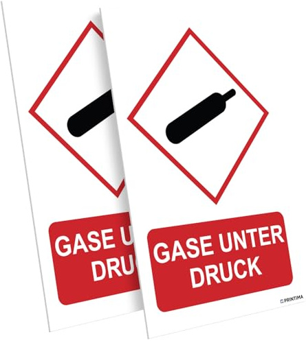 PRINTIMA 2x Schild GASE UNTER DRUCK 21x32 cm – robustes PVC Warnschild mit Druckgas-Symbol + Befestigung – ideal für Lager, Werkstatt, Industrie