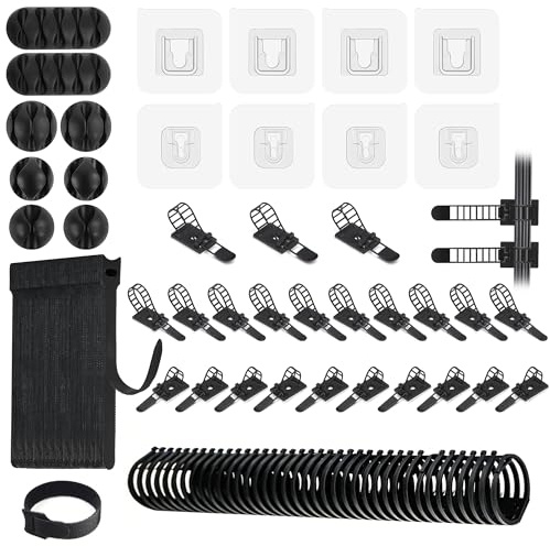 58 Piezas Organizador de Cables con 1 Peines de Encuadernación, 25 Sujeta Cables, 20 Bridas Reutilizables para Cable, 4 Pares Ganchos de Pared Adhesivos, 8 Clips de Cable