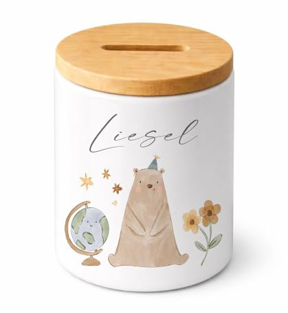 Manufaktur Liebevoll | Personalisierte Spardose für Kinder mit Namen Keramik Spardose mit Bambusdeckel Kinder Spardose personalisiert Geschenk zur Geburt, Taufe & Geburtstag (Bär)