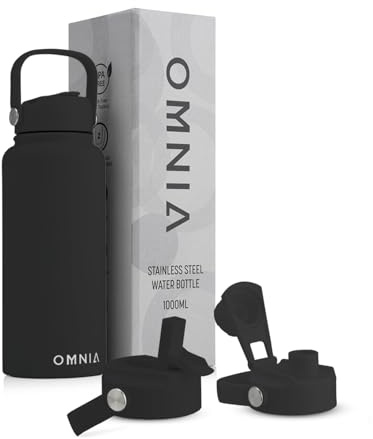OMNIA NUTRIENTS Vacuum Insulated Stainless Steel Water Bottle, 2 Lids (Straw & Spout) Leakproof, BPA-Free, Reusable Flask Ideal for Travel and Outdoors (Black - 1000 ml)