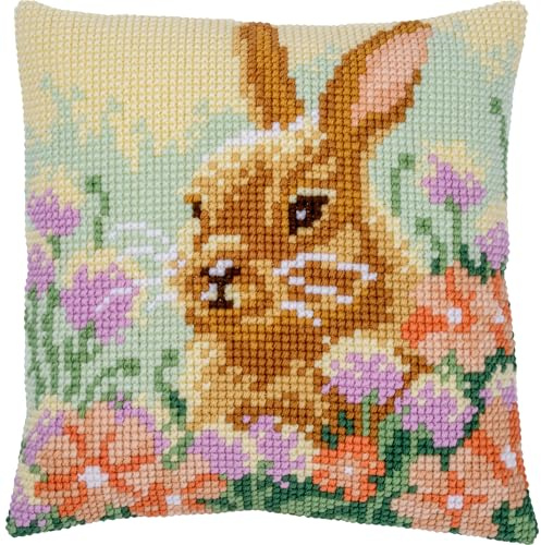 Vervaco Kreuzstich Stickpackungen Kissen Stickerei Set Anfänger Vorgedruckt KANINCHEN DIY Set Kreativ Set Für Erwachsene Dekoratives Kissen 40 x 40 cm Bastelset Handwerker Haus Dekoration