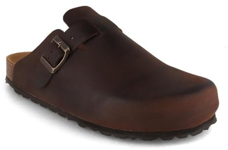 Tuffeln Leder-Clogs Helgoland mit weichem Korkfußbett bequeme Hausschuhe & Pantoletten für Damen & Herren, dk. Braun Gr. 40