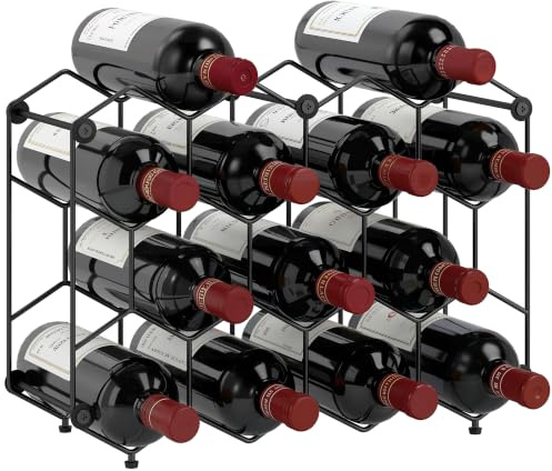 HOMCOM Weinregal für 13 Flaschen mit Wabendesign 43 x 15,5 x 31 cm Schwarz | Flaschenregal, Flaschenhalter, Verstellbaren Füßen, Kippschutz, Weinflaschenhalter aus Metall, für Keller, Lagerraum