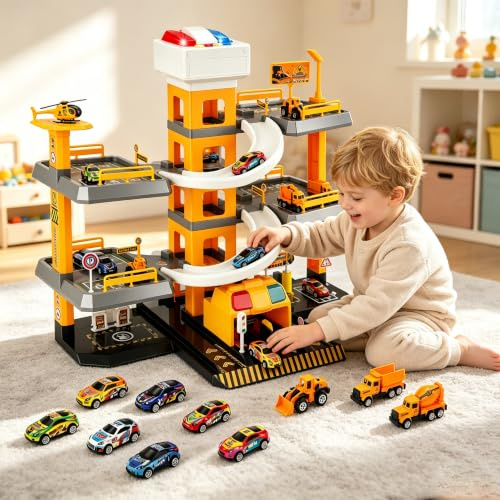 Garage parcheggio a 5 piani per bambini, set da gioco con musica ed effetti luminosi, con 14 auto giocattolo e 1 elicottero, parcheggio con ascensore, regali per ragazzi e ragazze (tema progetto)