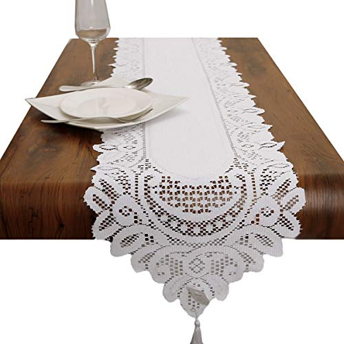 mookaitedecor 13x70 Inch White Lace Table Runner for Wedding Festival Party Christmas Table Centrepiece Living Room Home Decor, Vintage Elegant Floral Dinner Table Runner with Tassels