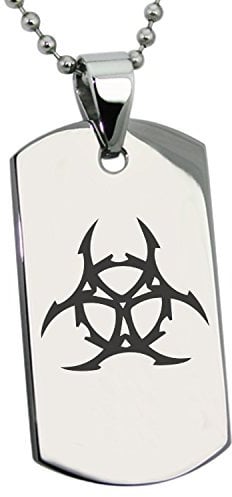 Tioneer Stainless Steel Barbed Wire Biohazard Symbol Engraved Dog Tag Pendant Necklace