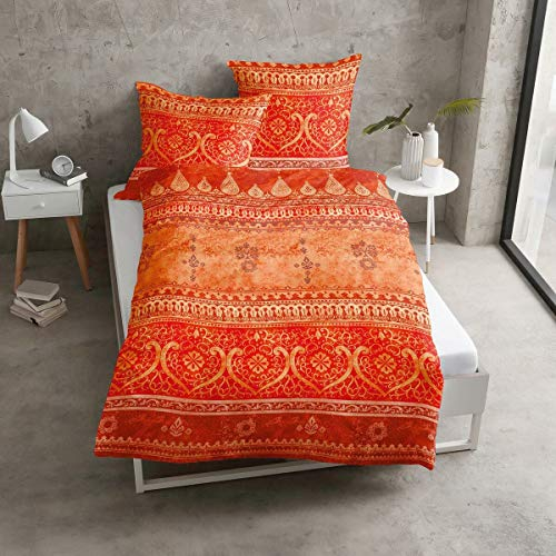 TRAUMSCHLAF Reine Baumwolle, Satin - Bordürendruck absolut hip modernes Landhaus orientalischer Flair Ornamente Terra orange 200x200 cm + 2X 80x80 cm