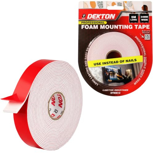 DEKTON Red Release 24MM x 5M Heavy Duty Double-Sided Mounting Tape | Strong Sticky Foam Tape for Picture Hanging | Replaces Nails, Screws, and Tacks | Holds Up to 1Kg | Long-Lasting and Easy to Use