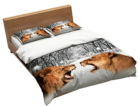 EU-VV Set Biancheria da Letto Modello Animale 1 Copripiumino + 2 Federa 100% Microfibra Trapunta (Leone,Singolo(150x200cm+2/75x50cm))