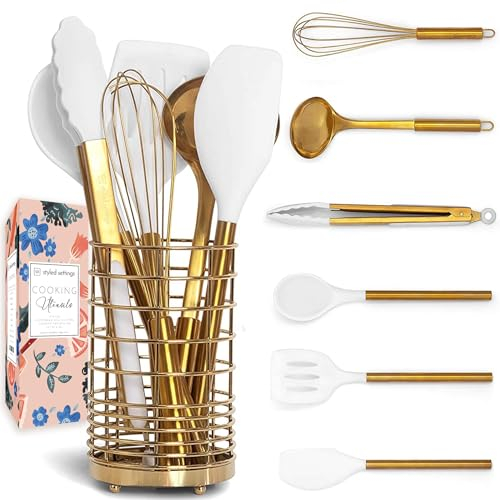 Silicone & Gold Cooking Utensils Set: 17PC Includes Measuring Cups, Spoons, Spatula, Whisk - Gold & White Kitchen Accessories