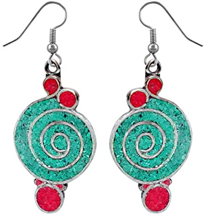 Handgefertigter komprimierter Türkis- und Korallen-Edelstein-Inlay-Tropfen-Ohrring für Damen Jugendliche 925 Silber überzogener ethnischer Zigeuner-Boho-Mode Party-Ohrring-Schmuck
