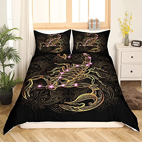 Golden Scorpion Bettbezug Exotisch Stammes Retro Thema Luxus Bettwäsche Set für Erwachsene Frauen Männer Gotisch Stil Licht Tröster Bezug Set Schwarz Gold Mandala Dekor Jahrgang Bettbezug, 135x200