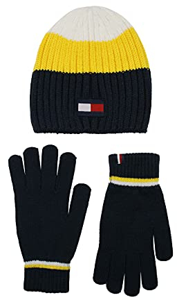 Tommy Hilfiger Jungen Beanie & Magic Glove Accessories Winter-Hut, Gelbes, Geripptes Streifen-Set, Einheitsgröße