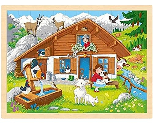 goki 57381 - Einlegepuzzle Auf der ALM aus Holz, Holzpuzzle mit Berglandschaft, Lernspielzeug und Kinderpuzzle, fördert Fantasie und Motorik der Kinder, 40cm x 30cm, 96er Set, ab 3 Jahre