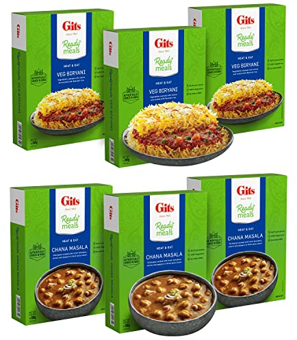 Gits Veg Biryani (long grain aromatic Indian Basmati rice) + Chickpeas masala (Chana Masala) Large Chickpeas cooked in a light Onion & tomato with mild spices. Microwave for 1-2 mins. Ready to Eat.
