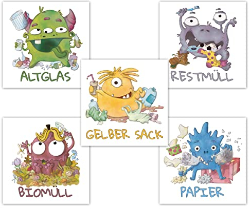 Lustige Mülltonnenaufkleber Monster, 10er Set Aufkleber Mülltrennung, Mülltonen Aufkleber Abfalltrennung auch für Kinder nach Biomüll, Altpapier, Gelber Sack, Rest Müll & Glas, Müllaufkleber