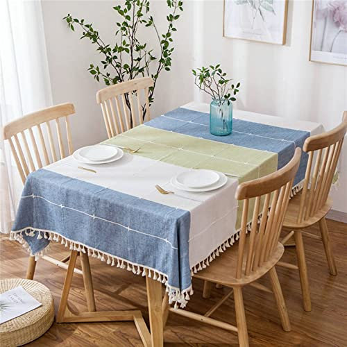 EHOMERY Tischdecken Natur Tischschoner Unterlage Baumwolle Einfacher Streifen-Plaid-Stil Tischdecke New York Tischtuch Draussen Grün Weiß Blau Tischschutz Dekoration 140X220Cm