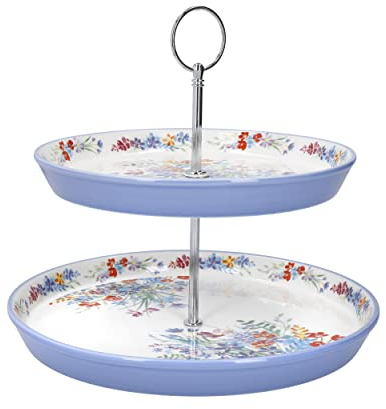 London Pottery Viscri Meadow - Soporte para Pasteles, cerámica, diseño Floral, 2 Pisos, Color Marfil Almendra y Azul Aciano