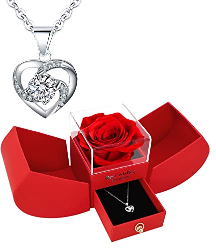 YJYJHOPE Preserved Red Rose with I Love You 925 Sterling Silver Necklace, Christmas Valentines Day Gifts for Her, Mom, Women, Girlfriend, Wife, Gifts Ideas for Birthday Anniversary Christmas