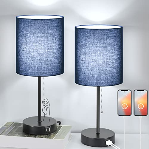 2er Set Tischlampen mit USB-Ladeanschlüssen, blaue Lampen mit Steckdose, Nachttische mit Zugkette, moderne und minimalistische Schreibtischlampen mit Lampenschirm