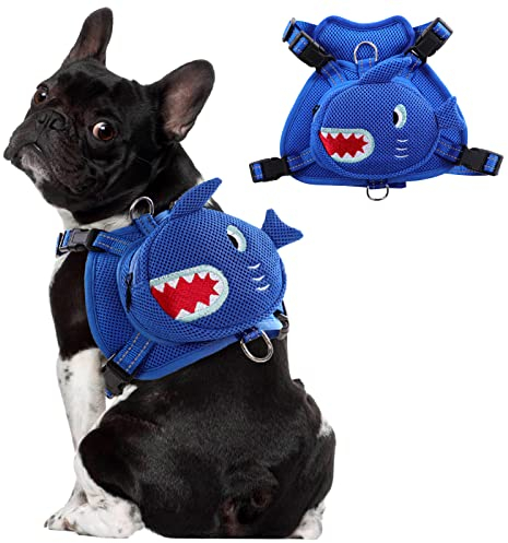 OUOBOB Harnais pour chien avec sac à dos, harnais réglable pour chiens de petite et moyenne taille, sac à dos respirant anti-traction pour chiens, pour voyage, randonnée, camping, entraînement, bleu
