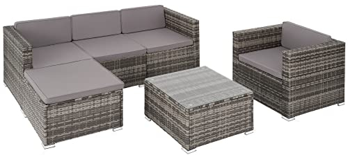tectake® Poly Rattan Lounge, Outdoor Gartenmöbel Set mit Sofa, Sessel, Hocker und Tisch, variabel kombinierbar, Möbel wetterfest für 4-5 Personen, Balkonmöbel, Gartenlounge, Terrassenmöbel - grau