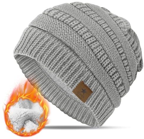 KEECOW Damen Beanie Mütze Warme Wintermütze mit Weichem Innenfutter Gefütterte Strickmütze für Ski Sport Outdoor(Grau)