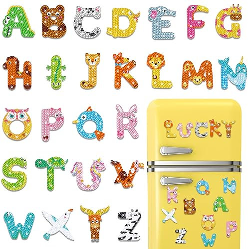 Copkim 26 Pcs Magnetic Letters Animal Diamond Fridge Painting Kits Cute DIY Alphabet Set for Kids Children Learning Spelling Game Toys Decor, Class Stickers 5D Diamond Art Refrigerator Magnets