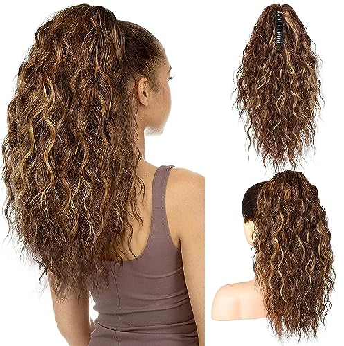 PORSMEER Pferdeschwanz Haarteil Ponytail Extensions Braun/Blond Strähnchen mit klammer 45cm Lange Gewellte Lockige Haarverlängerung Zopf Clip in Klaue Natürlich Kunsthaar Haarteil für Frauen