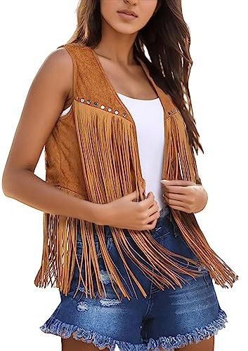 Fulidngzg 70 er Jahre Kleidung Damen Cowgirl Festival Outfit Weste Country Piraten Faschingskostüme Mode Ärmellos Fransenweste Hippie Schlagerparty Braun Western Disco Bolero