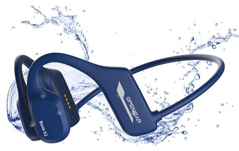 flymory Swimming Headphones Bluetooth5.2, Bone Conduction Headphones Swimming IP68 Waterproof, Open Ear Sports Earphones with 8G Memory, Underwater Wireless Headset for Workout Hiking Cycling Blue