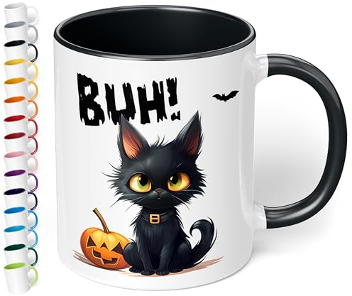 True Statements Halloween Keramik-Tasse „BUH! Schwarze Katze“ – ca. 330ml –Kaffeebecher mit Spruch, kleines gruseliges Geschenk (Schwarz)