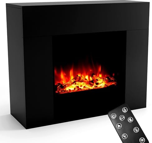 GLOW FIRE Elektrokamin mit Heizung und Kaminfeuer (Standkamin METIS) - elektrischer Kamin mit LED-Feuer in 3 Farben, Heizlüfter, Holz-Deko & Fernbedienung, 98x82x35 cm, Schwarz