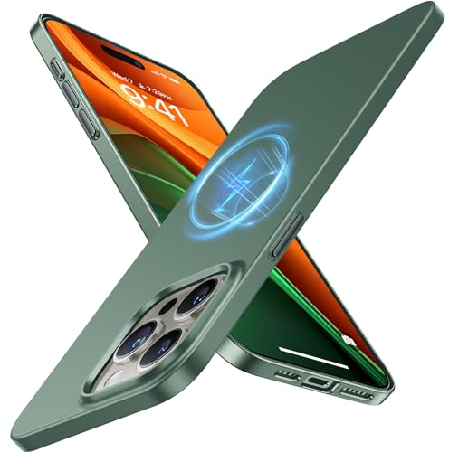 TORRAS Ultra Dünn für iPhone 15 Pro Hülle für MagSafe [Nr. 1 Magnetkraft] Extrem Stoßfest Kratzfest Hülle iPhone 15 Pro Case(Samtiger Griff & Elegantes Aussehen) Slim Handyhülle iPhone 15 Pro Grün