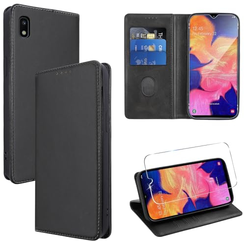 Vauki Coque Cuir pour Samsung Galaxy A10 6.2 avec 1 Verre Trempé Etui à Rabat en PU Porte-Cartes Portefeuille Support Flip Housse Magnétique Antichoc Anti-Rayures Case,Noir