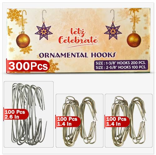 Letz Celebrate 300 Christmas Ornament Hooks | Sturdy & Flexible Ornament Hangers for Christmas Tree | Metal Wire Christmas Hooks for Ornaments (Mixed)