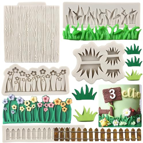 MYPRACS Garten Lattenzaun Silikonform Grün Gras Blume Fondant Form Holzmaserung Baum Rinde Süßigkeiten Form für Kuchen Dekorieren Süßigkeiten Schokolade Gummipaste Basteln Polymer Clay 5 Stück