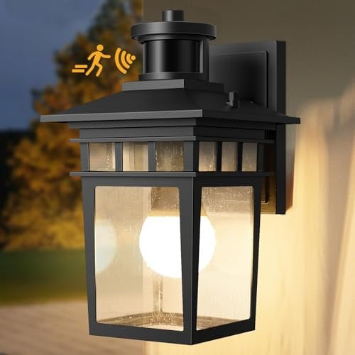 APOTO Motion Sensor Outdoor Lights, Dusk to Dawn Exterior Wall Light 3 Modes, Porch Light Fixture for House, Waterproof Aluminum Anti-Rust Lantern for Garage Entryway, Motion Activated, E27 Bulb Base