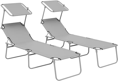 Outsunny Folding Sun Lounger Set of 2 with Canopy, Portable Light Grey | Reclining Sunbed, 4-Position Adjustable Backrest, 600D Oxford Cloth, Garden Lounger Recliner Chair, Beach Camping Patio